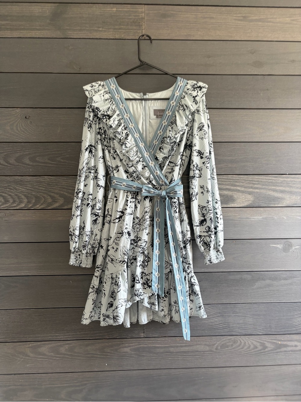 Anthropologie Pale Blue and Black Floral Wrap Mini Dress